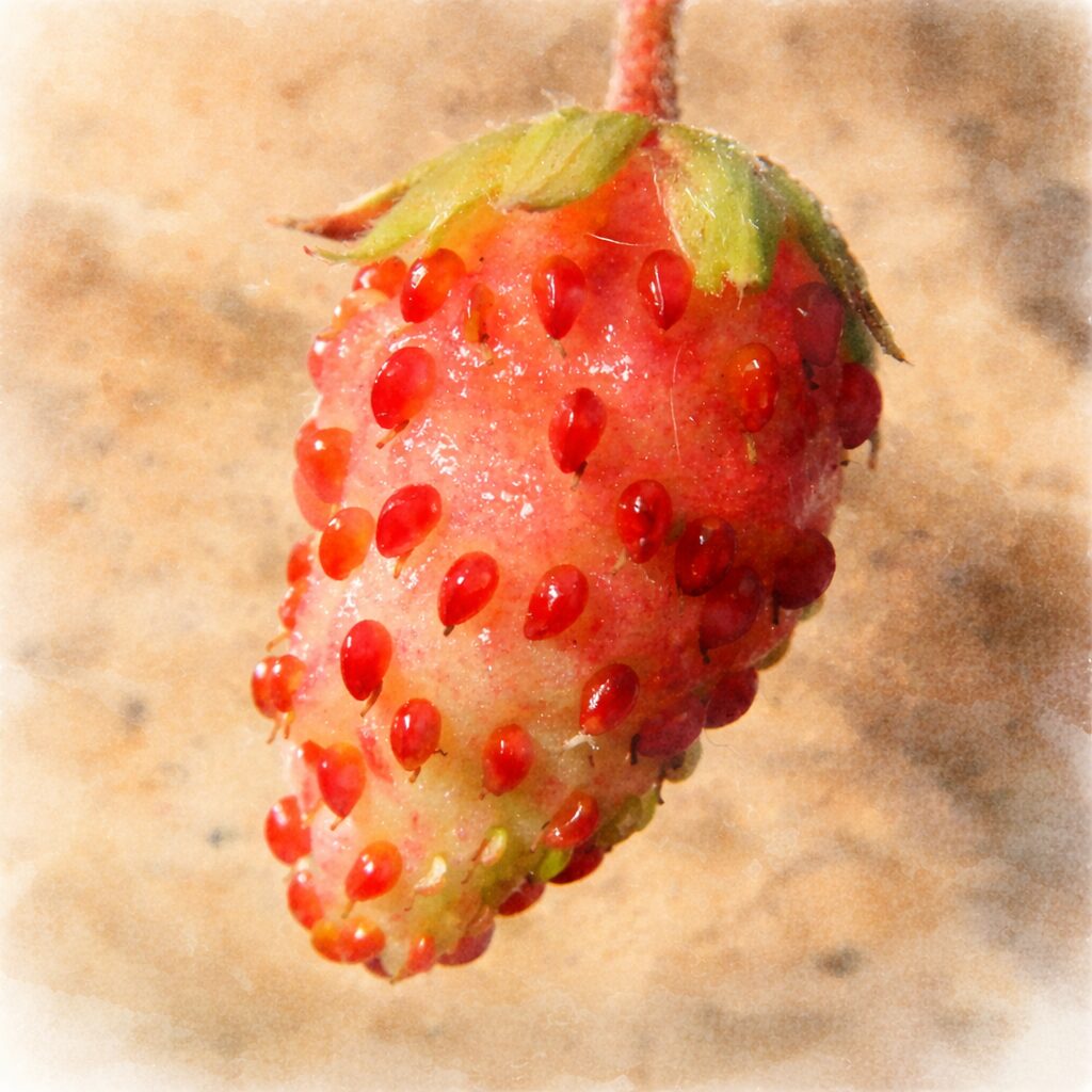 ワイルドストロベリーの果実を写真に忠実な構図で描いた、ふんわりとした手描き水彩画風イラスト。赤く熟した実と粒状の痩果、緑の萼をやさしいにじみと淡い陰影で表現した正方形構図。