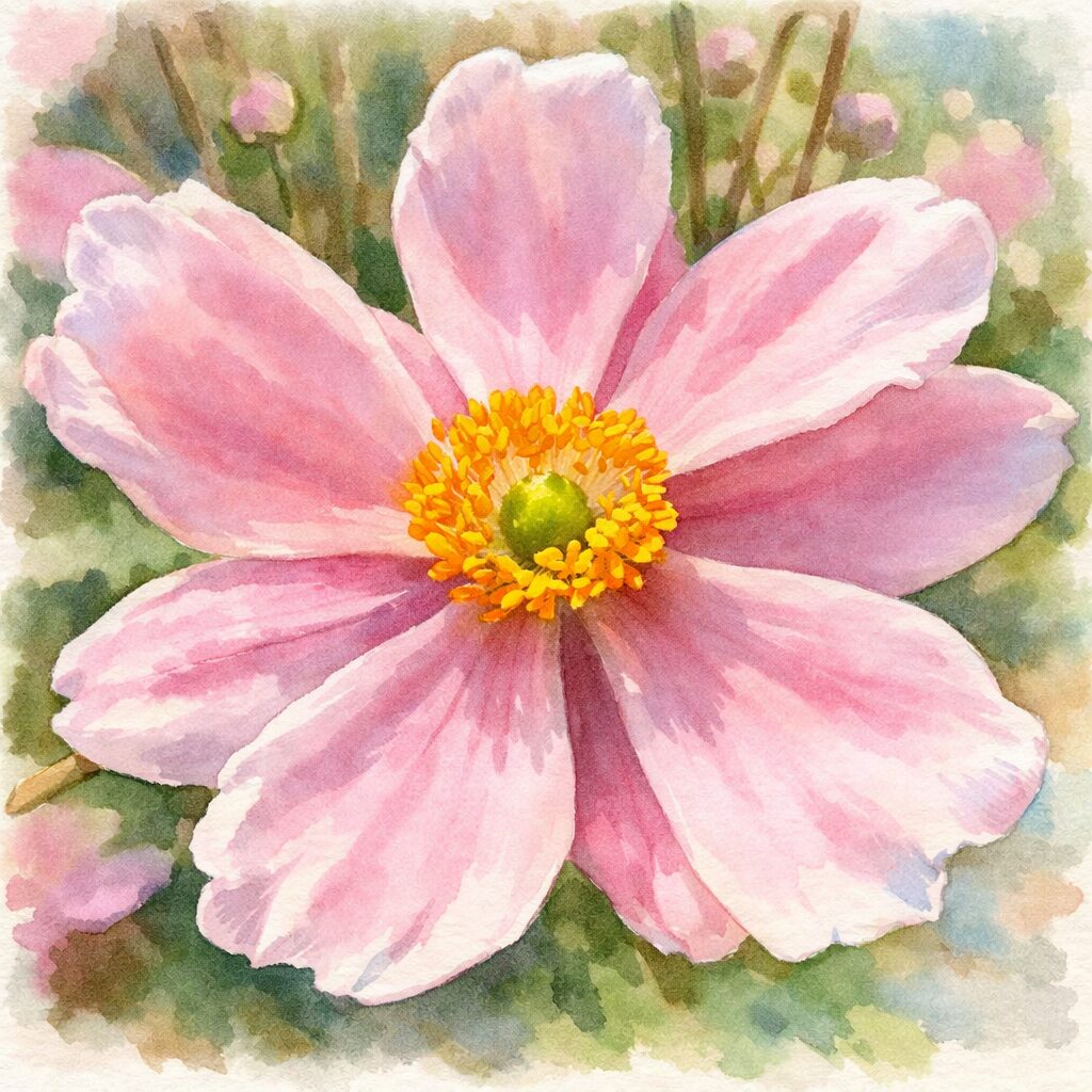 シュウメイギク（秋明菊）をモチーフにした手描き水彩画風イラスト。淡いピンクの花びらがやさしくにじみ、中央の黄色い雄しべと黄緑色の雌しべを柔らかなタッチで描いた絵画的な表現。