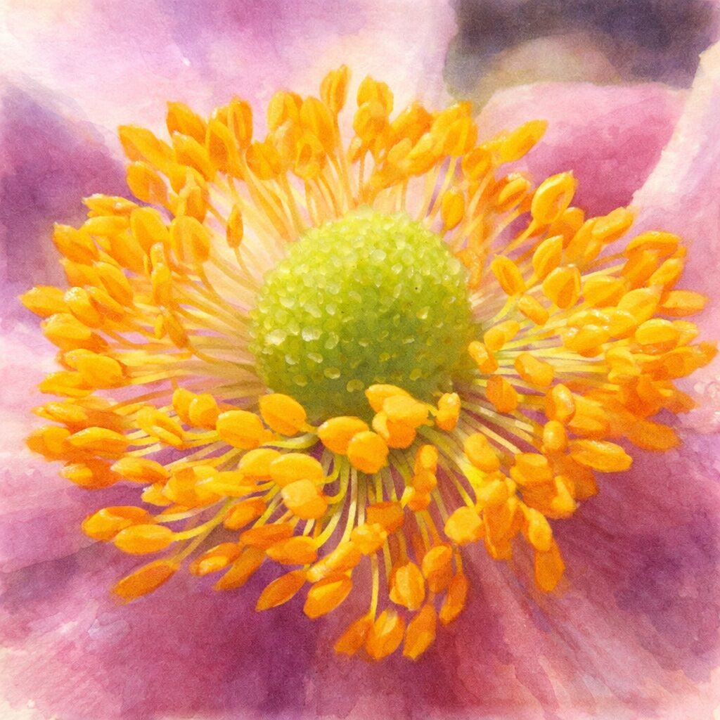 シュウメイギク（秋明菊）の花芯をクローズアップで描いた手描き水彩画風イラスト。黄緑色の雌しべと黄色の雄しべをやさしいにじみ表現で描き、周囲に淡いピンクの花びらがふんわり溶け込む絵画的な一枚。