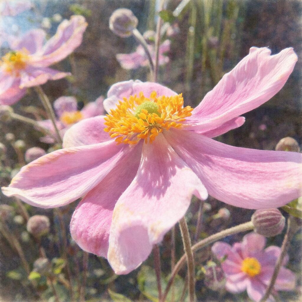 シュウメイギク（秋明菊）の花を横向き構図で描いた手描き水彩画風イラスト。やさしいピンクの花びらと中央の黄色い雄しべを、ふんわりとしたにじみと柔らかな筆致で表現した絵画的な一輪。