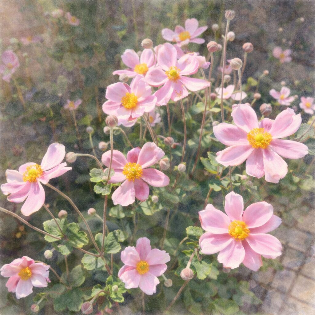 シュウメイギク（秋明菊）の群生を描いた手描き水彩画風イラスト。淡いピンクの花と黄色い花芯がふんわりとにじみ、蕾や葉を含めた全体の雰囲気を優しいタッチで表現した絵画的な作品。