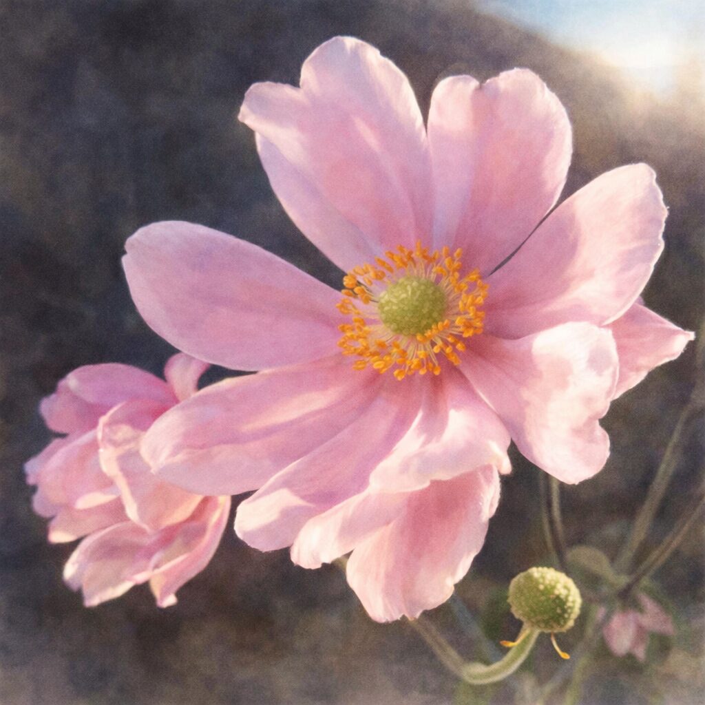 シュウメイギク（秋明菊）のピンクの花をふんわり描いた手描き水彩画イラスト。柔らかな逆光表現と花芯の質感、蕾を添えた優しい構図