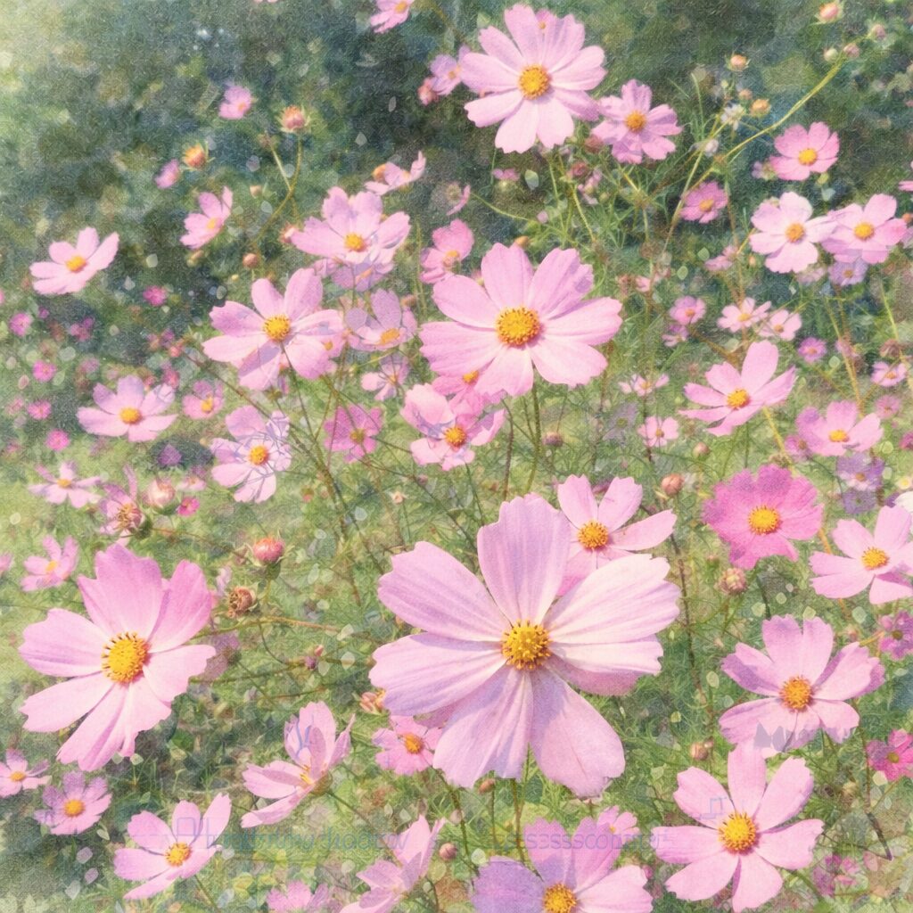 淡いピンクのコスモスが咲き広がる風景を、柔らかな色にじみと透明感のある筆致で表現した、ふんわり優しい手描き水彩画風イラスト