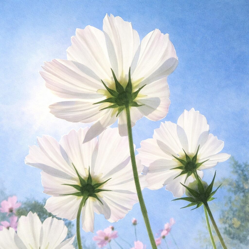 青空と柔らかな光の中で白いコスモスを見上げる構図を、淡い色にじみと優しい筆致で表現した、透明感のある手描き水彩画風イラスト