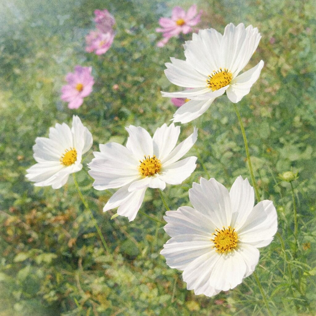 白いコスモスが静かに咲く風景を、柔らかな色のにじみと淡い陰影で表現し、背景にピンクの花を溶け込ませた優しい雰囲気の手描き水彩画風イラスト