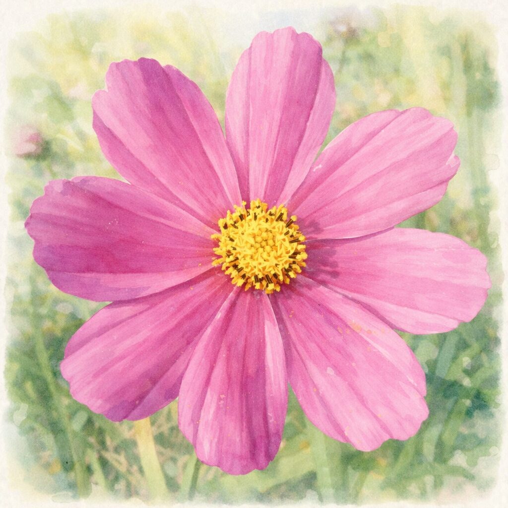 ピンク色のコスモスを正面構図で描いた手描き水彩画風イラスト。柔らかな筆致で表現された花びらと黄色い花芯が印象的な、ふんわり優しい雰囲気の植物イラスト。