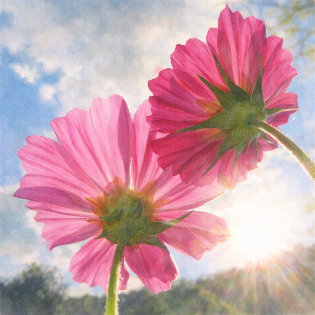 逆光の空に向かって咲く2輪のピンク色のコスモスを下から見上げた構図の手描き水彩画風イラスト。光を透かす花びらと柔らかな空の表現が印象的な、ふんわり優しい植物イラスト。