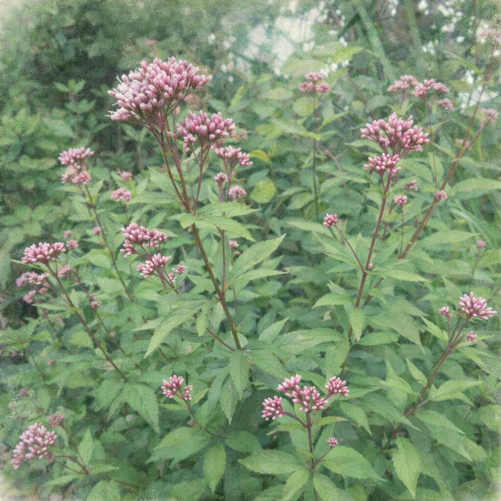 サワフジバカマの群生を描いた手描き水彩画イラスト｜淡いピンクの花房と緑の葉をやさしい質感で表現した、ふんわりとした正方形ボタニカルアート