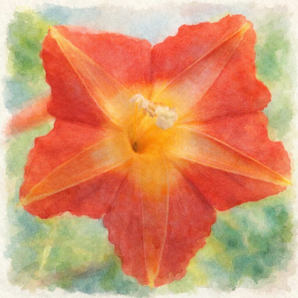 マルバルコウの花をモチーフにした手描き水彩画風イラスト。赤から橙、黄色へとにじむ花弁を正面構図で描き、中心に柔らかな光を感じさせる表現。背景は淡い緑のぼかしで、優しくふんわりとした絵画的タッチ。