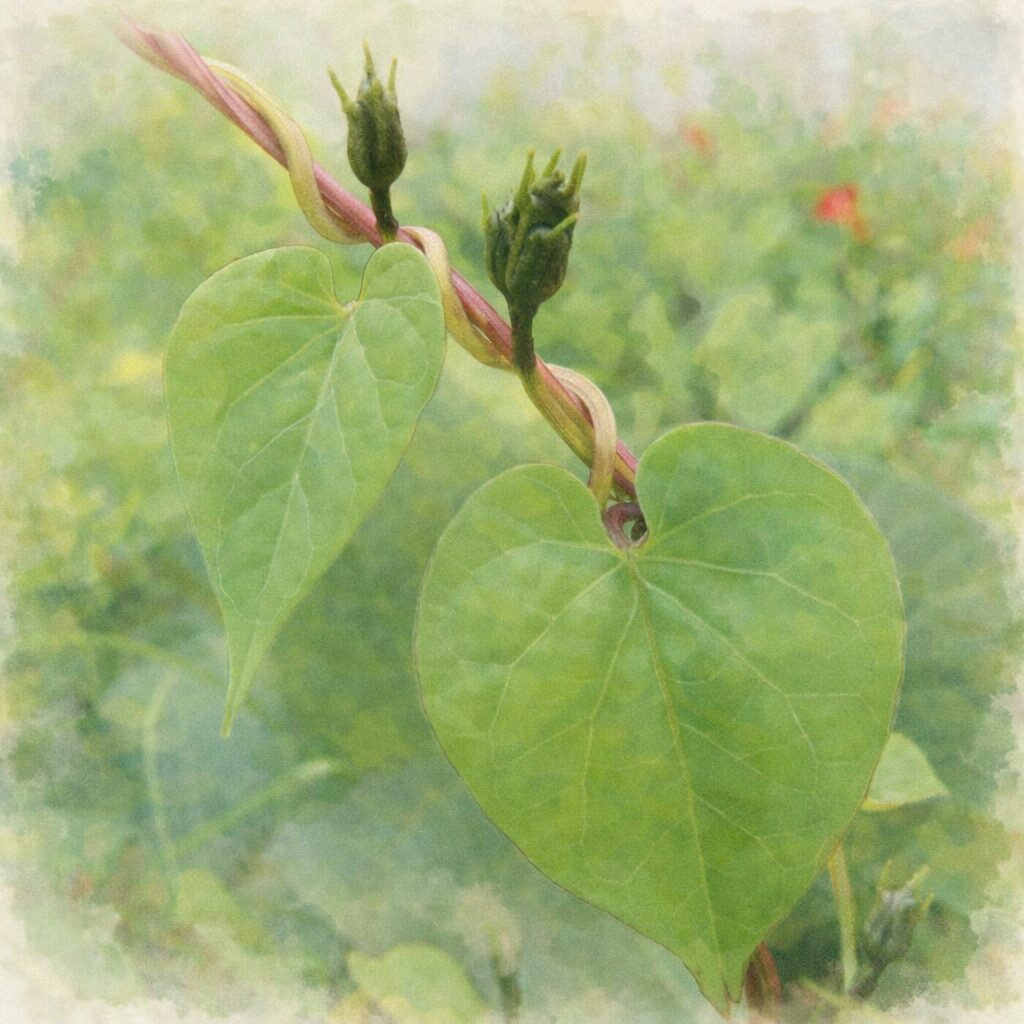 マルバルコウのつる植物を描いた手描き水彩画風イラスト。赤みを帯びたつるにハート形の緑の葉が寄り添い、先端には小さなつぼみが表現されている。背景は淡い緑のにじみで、優しくふんわりとした絵画的構図。