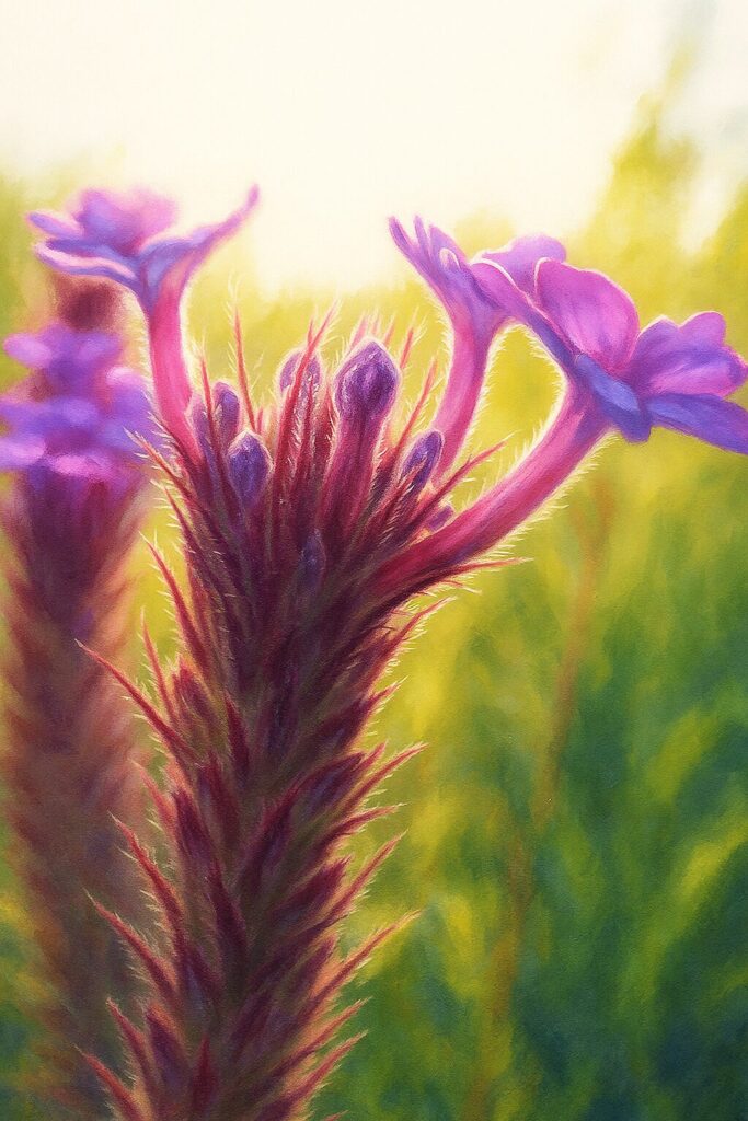 逆光に透けるシュッコンバーベナの紫色の花を接写した春の無料イラスト