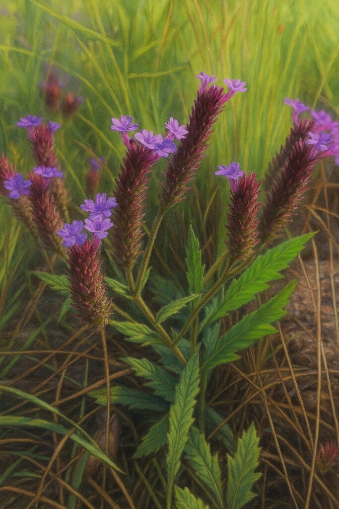 野草の中で群生するシュッコンバーベナの紫色の花を撮影した春の無料イラスト