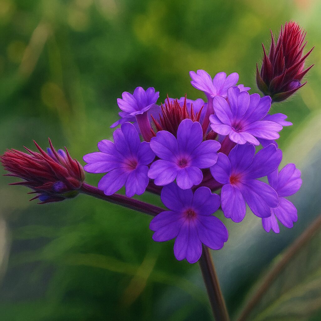 シュッコンバーベナのつぼみと紫色の花が草むらに咲く春の無料接写イラスト