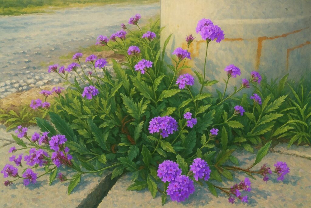 電柱の根元に咲くシュッコンバーベナの紫色の花を写した春の無料イラスト