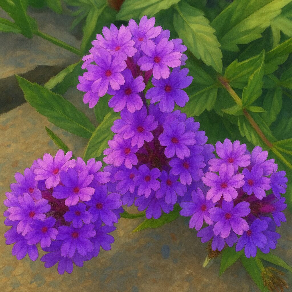 コンクリートの隙間から咲く紫色のシュッコンバーベナの花のアップイラスト