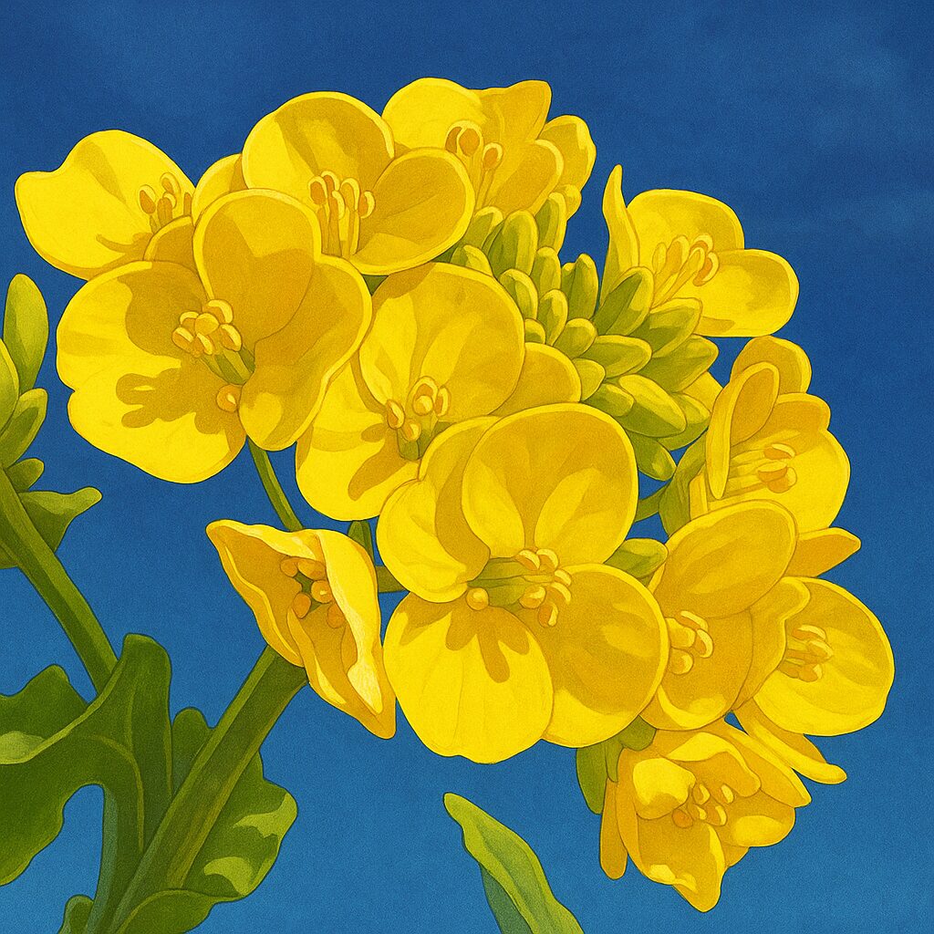 青空の下で鮮やかに咲くナノハナの花のクローズアップイラスト