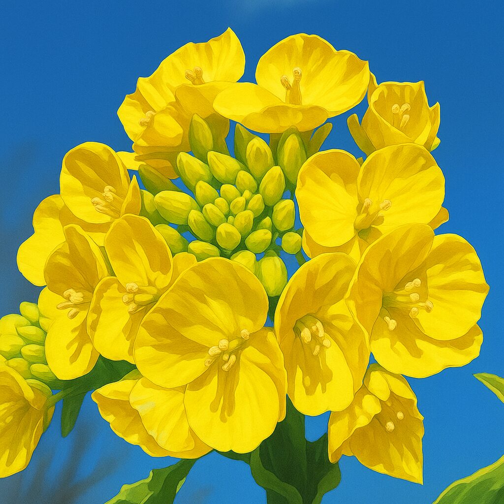 花びらが重なり合うナノハナの花房とつぼみの群れを描いたイラスト