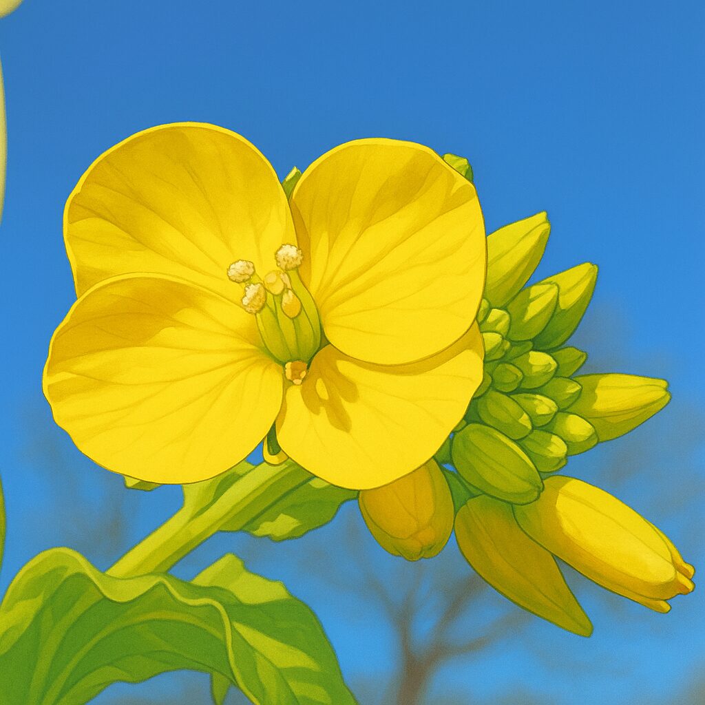 一輪のナノハナの花に焦点を当てたシンプルな接写イラスト