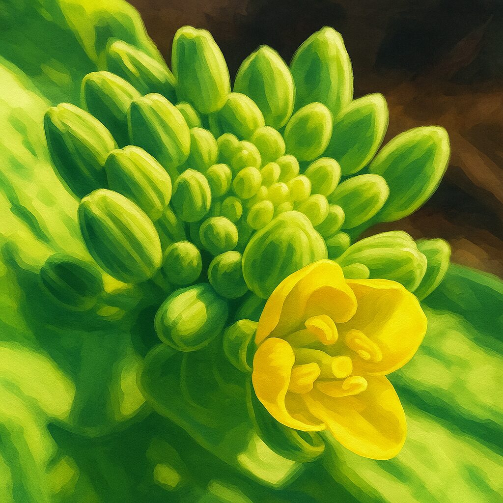 黄色い花がひとつ咲いたナノハナのつぼみ群を描いたマクロイラスト