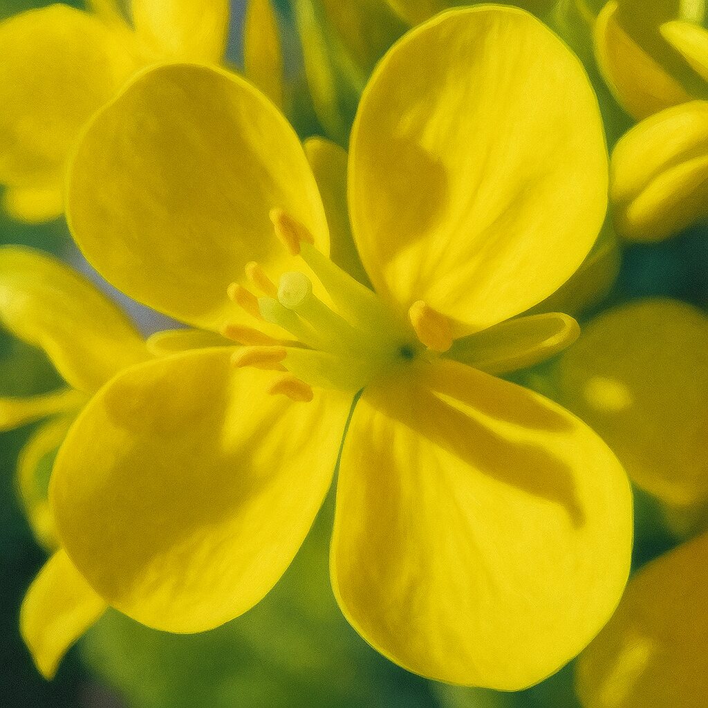 花粉をまとったナノハナの花弁を接写したリアルな接近イラスト