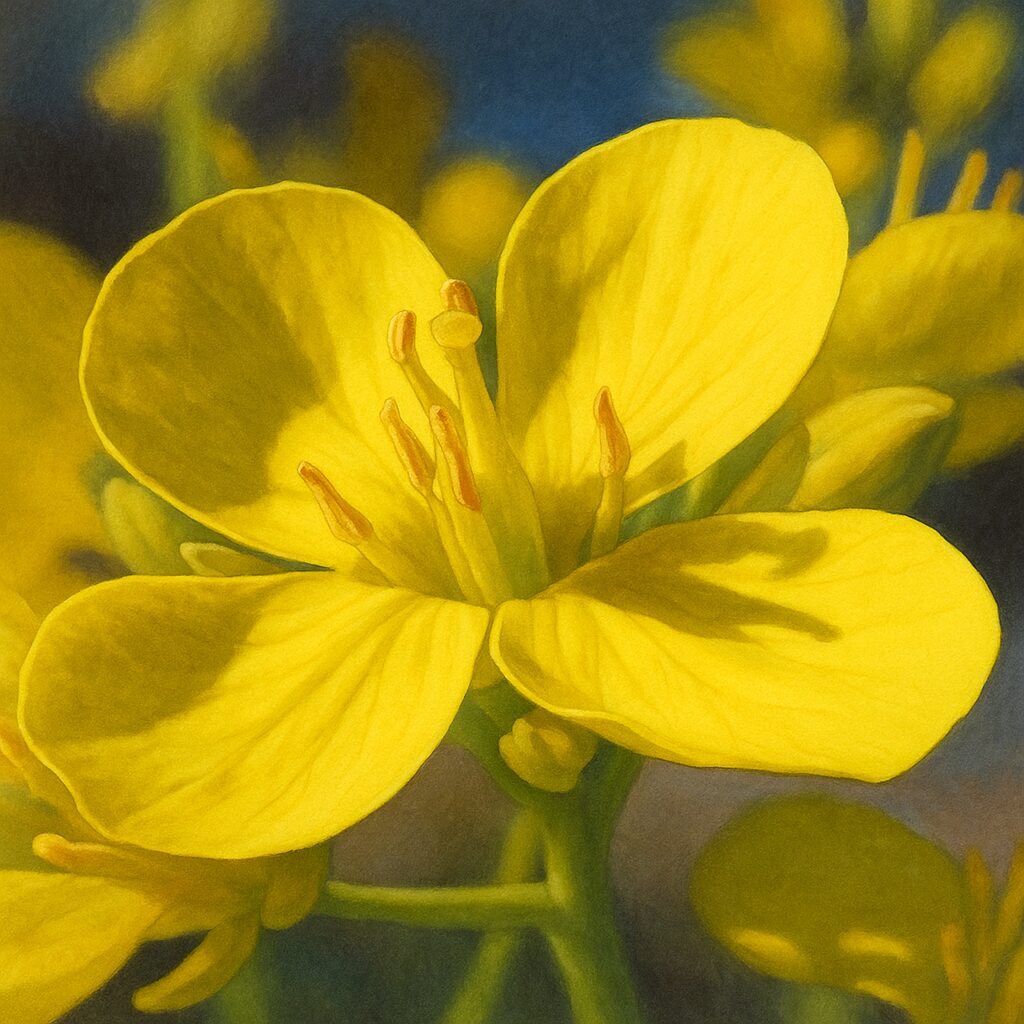 青空を背景に雄しべが立ち上がるナノハナの花を描いたイラスト