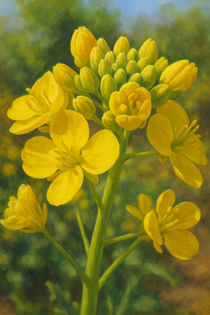 開きかけの花とつぼみが混在するナノハナの自然な生長過程を描いたイラスト