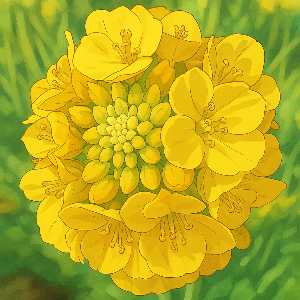 花びらとつぼみが密集したナノハナの中央をリアルに描いた接写風イラスト