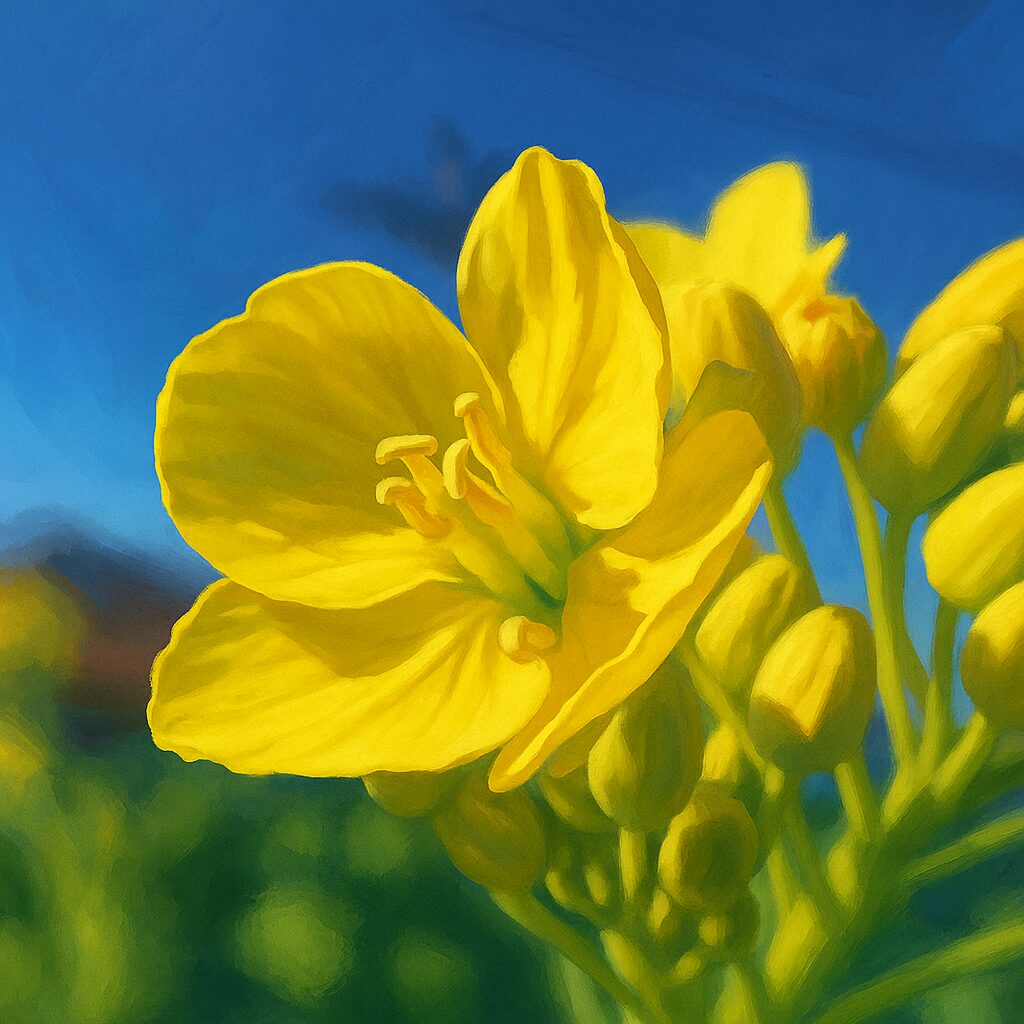 青空を背景に咲くナノハナの花を横からとらえた構図のイラスト