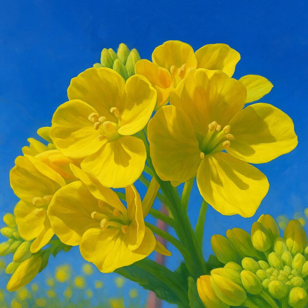 満開のナノハナの花を下から見上げた視点で描いたイラスト