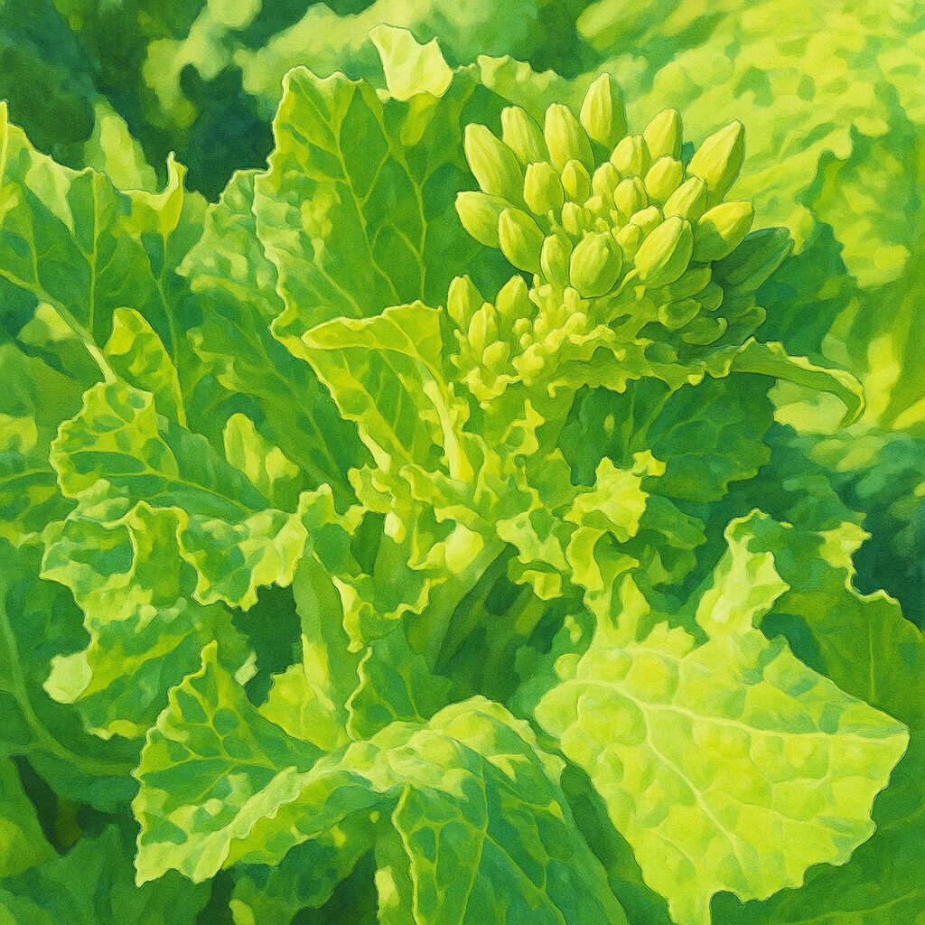 緑の葉に囲まれたナノハナのつぼみと茎を描いた植物全体のイラスト