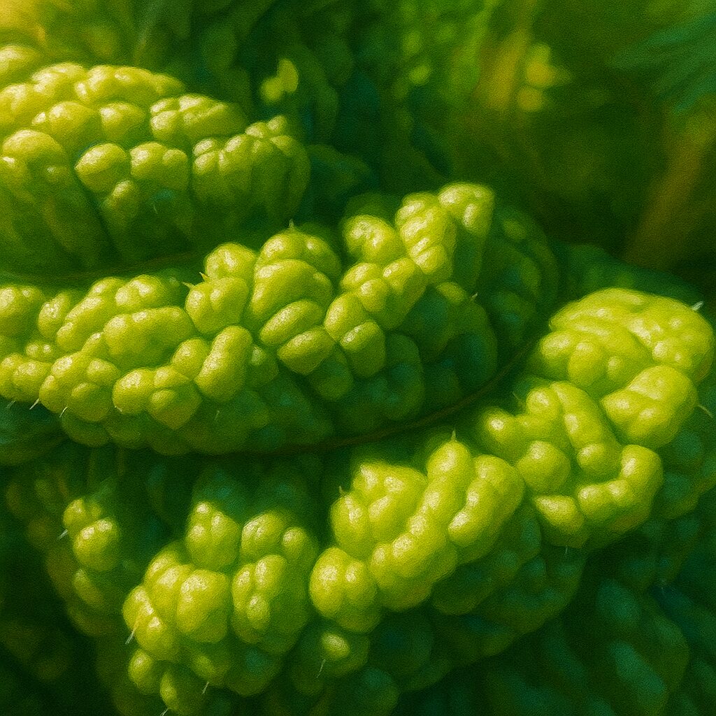 表面に細かな毛が見えるナノハナの縮れた葉の質感を描いた接写イラスト
