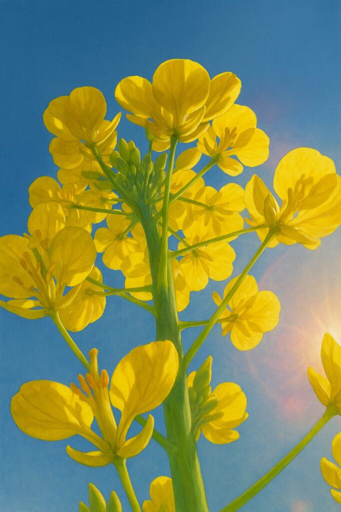 逆光の青空を背景にナノハナの花を下から見上げる視点で描いたイラスト