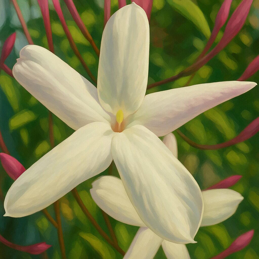 朝日を浴びて咲く白いハゴロモジャスミンの花のアップイラスト