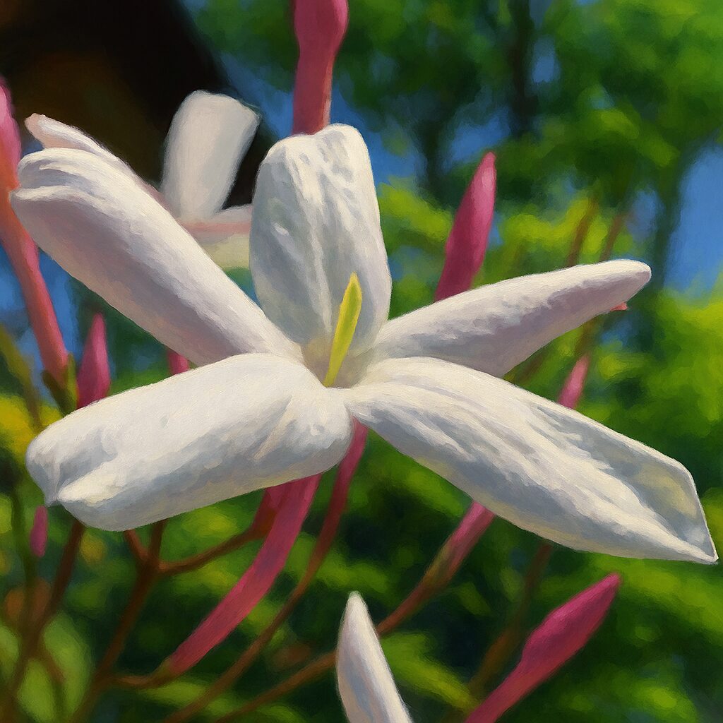 背景に木漏れ日を受けて咲くハゴロモジャスミンの清楚な花のイラスト