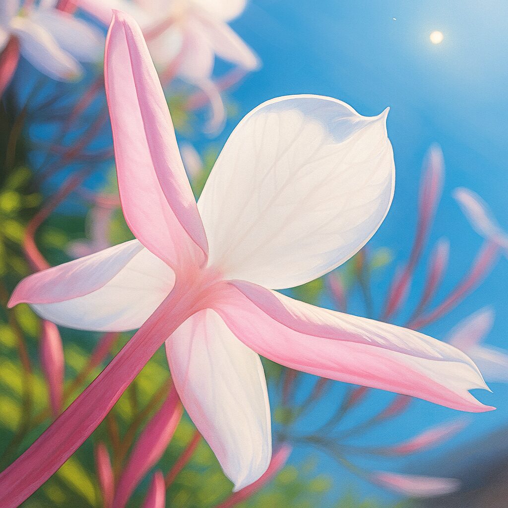 青空と陽光を背景に背面から描かれたハゴロモジャスミンの花のイラスト