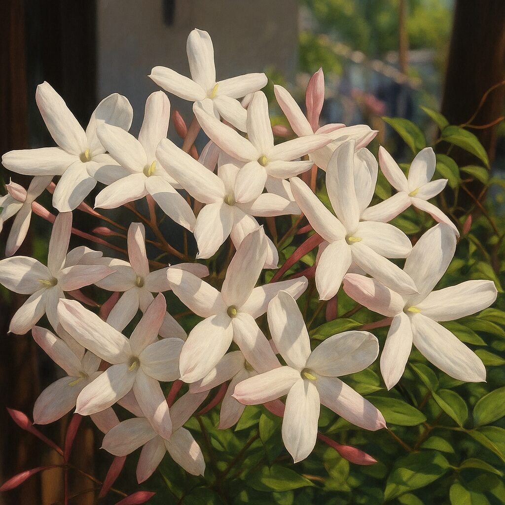 一房に咲き誇るハゴロモジャスミンの花の集合イラスト