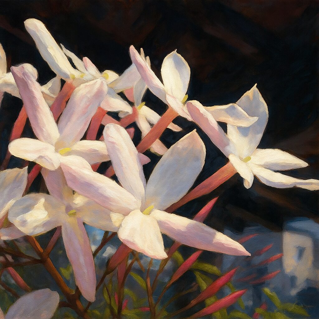 日陰から光を浴びる複数のハゴロモジャスミンの花の群れのイラスト