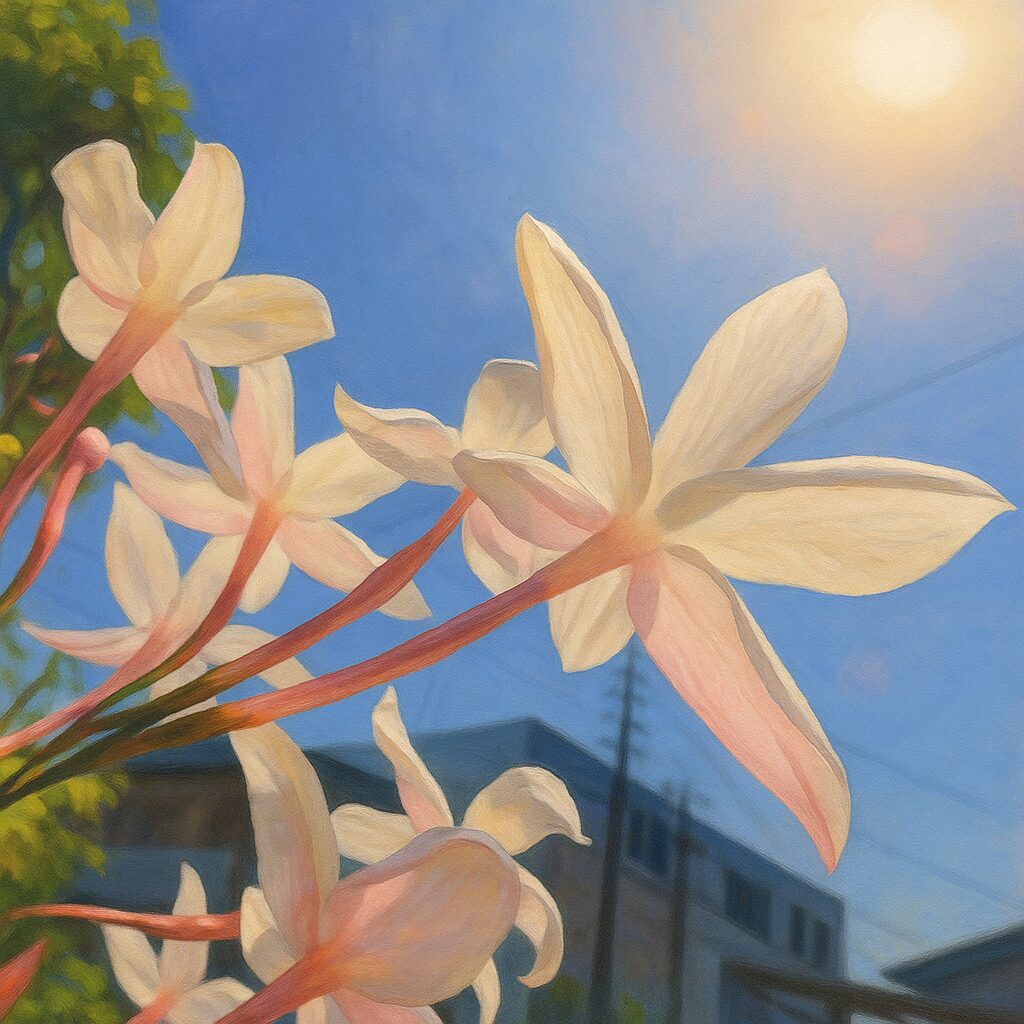 強い日差しの下で見上げるように描かれたハゴロモジャスミンの花のイラスト
