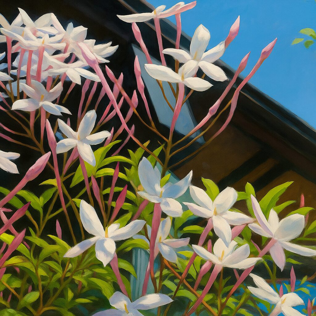青空と建物を背景に立体的に伸びるハゴロモジャスミンの花とつぼみのイラスト