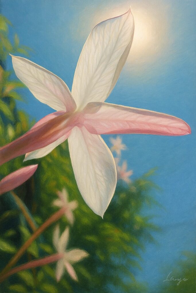 強い日差しと青空を背景に背面から描かれたハゴロモジャスミンの花のイラスト