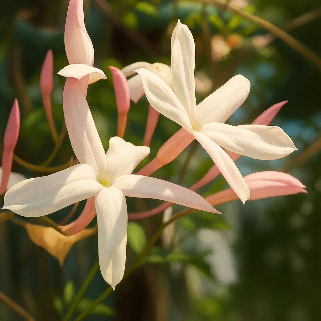 複数の花が重なり合う白いハゴロモジャスミンの自然な構成のイラスト