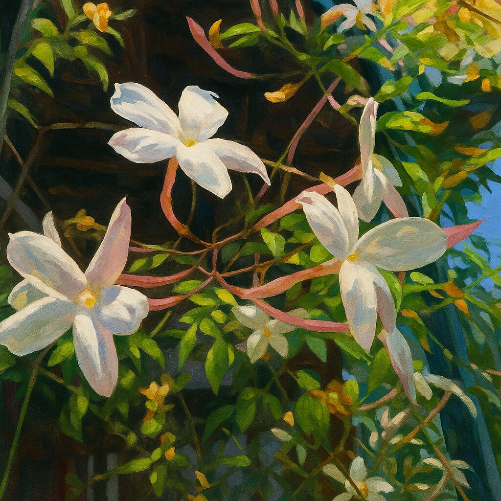 日陰の中で咲き誇るハゴロモジャスミンの繊細な花のイラスト