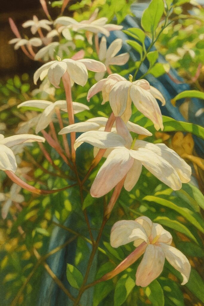 萎れかけた花も含め自然な姿を描いたハゴロモジャスミンの群れのイラスト