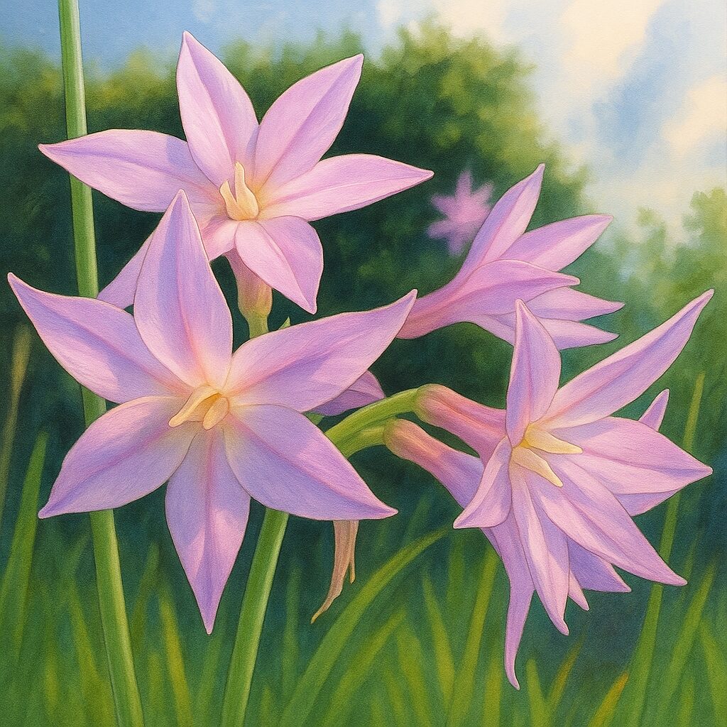 ルリフタモジの淡い紫色の花が青空の下で輝くアップイラスト