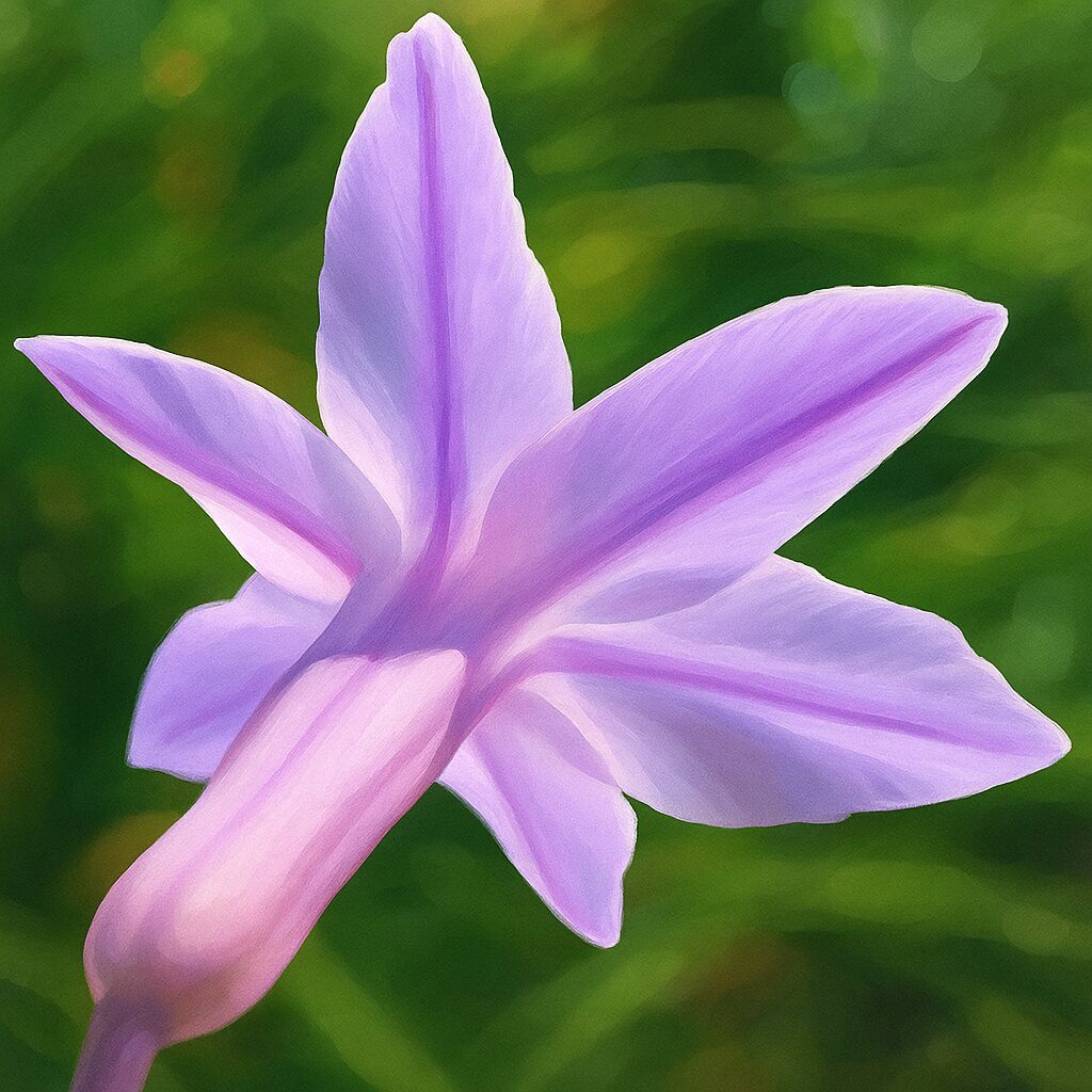 ルリフタモジの花を裏側からとらえた接写風イラスト、紫色の筋が印象的