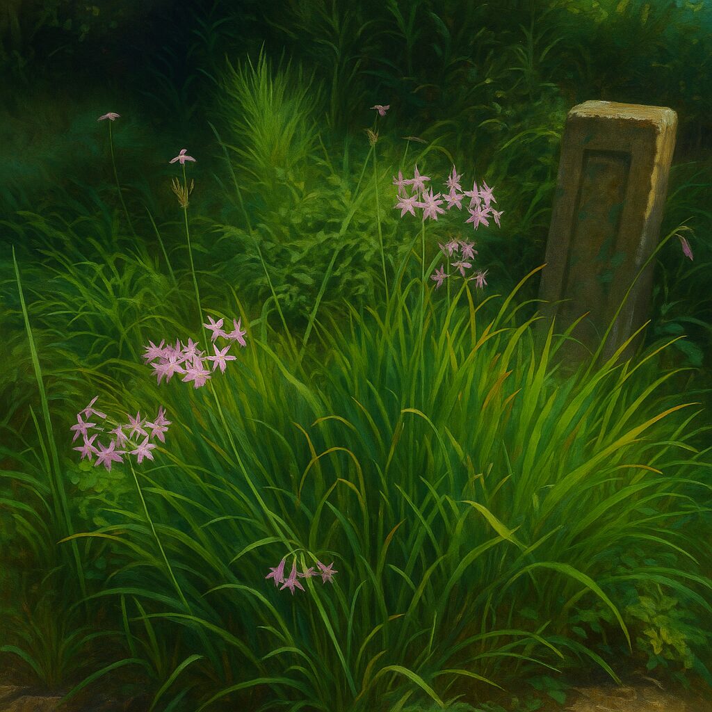 草むらの中で群生するルリフタモジの花と石柱を描いた風景イラスト