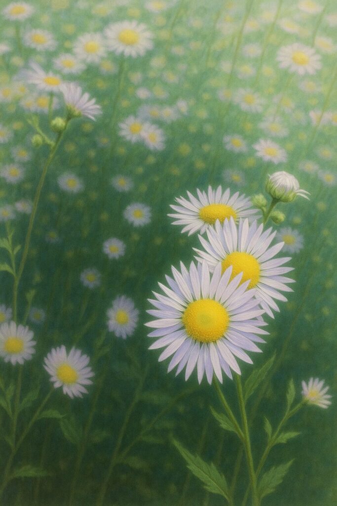 野原一面に咲くヒメジョオンの群生を描いたイラスト
