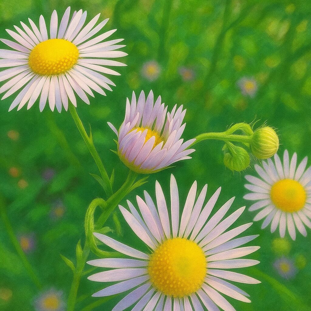咲き始めのヒメジョオンとつぼみを丁寧に描いたイラスト