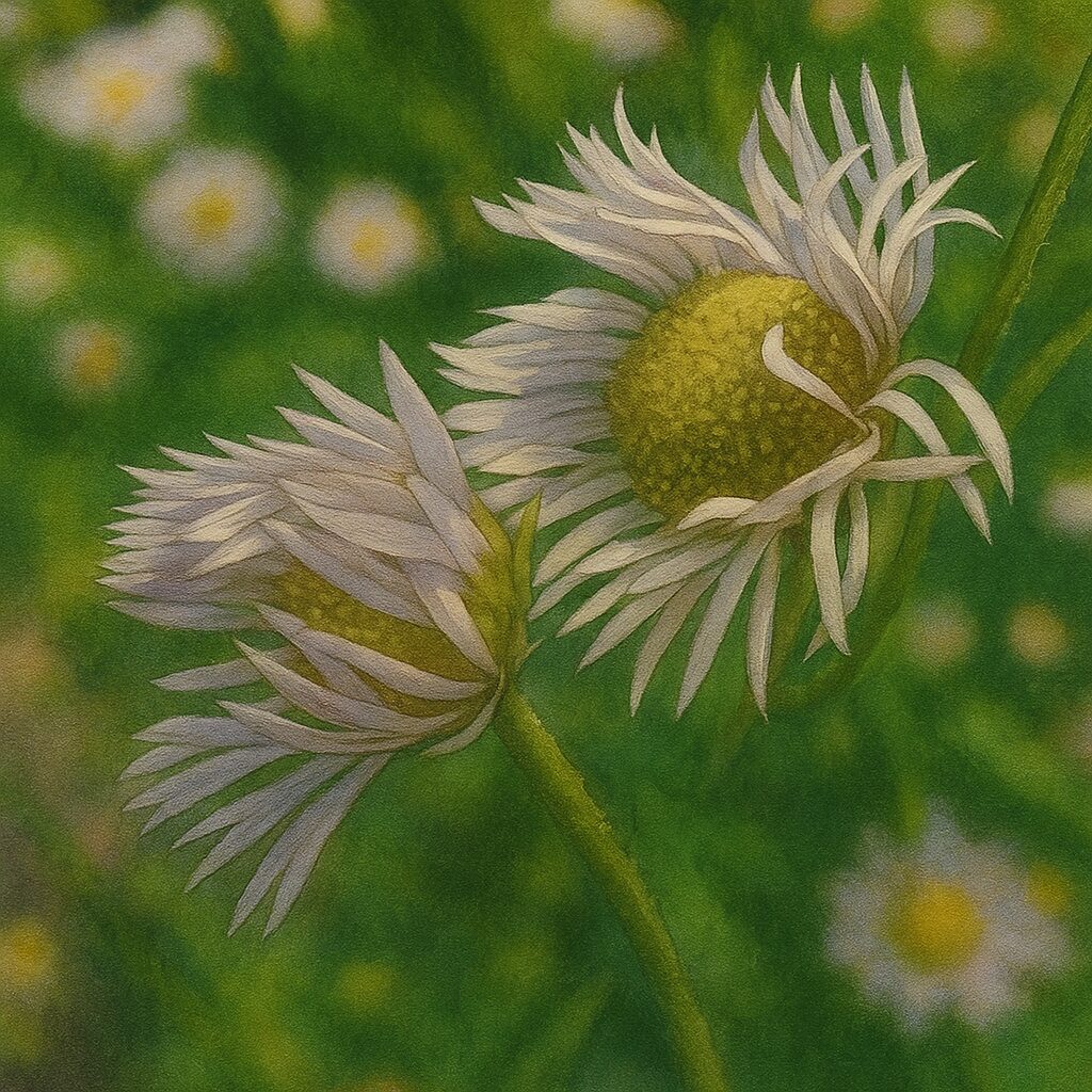 開花途中のヒメジョオンが2輪並ぶ様子を描いたイラスト