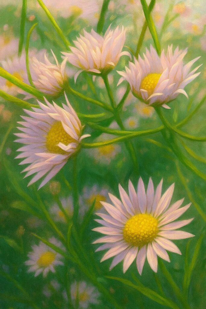 複数のヒメジョオンの花を立体的に描いた接写風イラスト